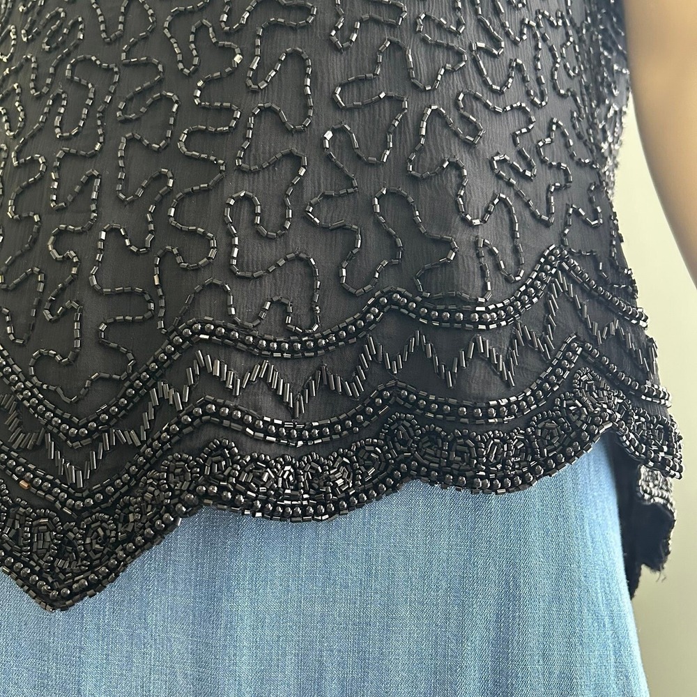 Vintage 80s Cote d'Azur Black Beaded Silk Evening Blouse Sweetheart Top L - Picture 7 of 10
